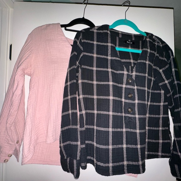2/$30 Madewell Black tan windowpane print 1/4 button casual top size s EUC - Picture 2 of 3